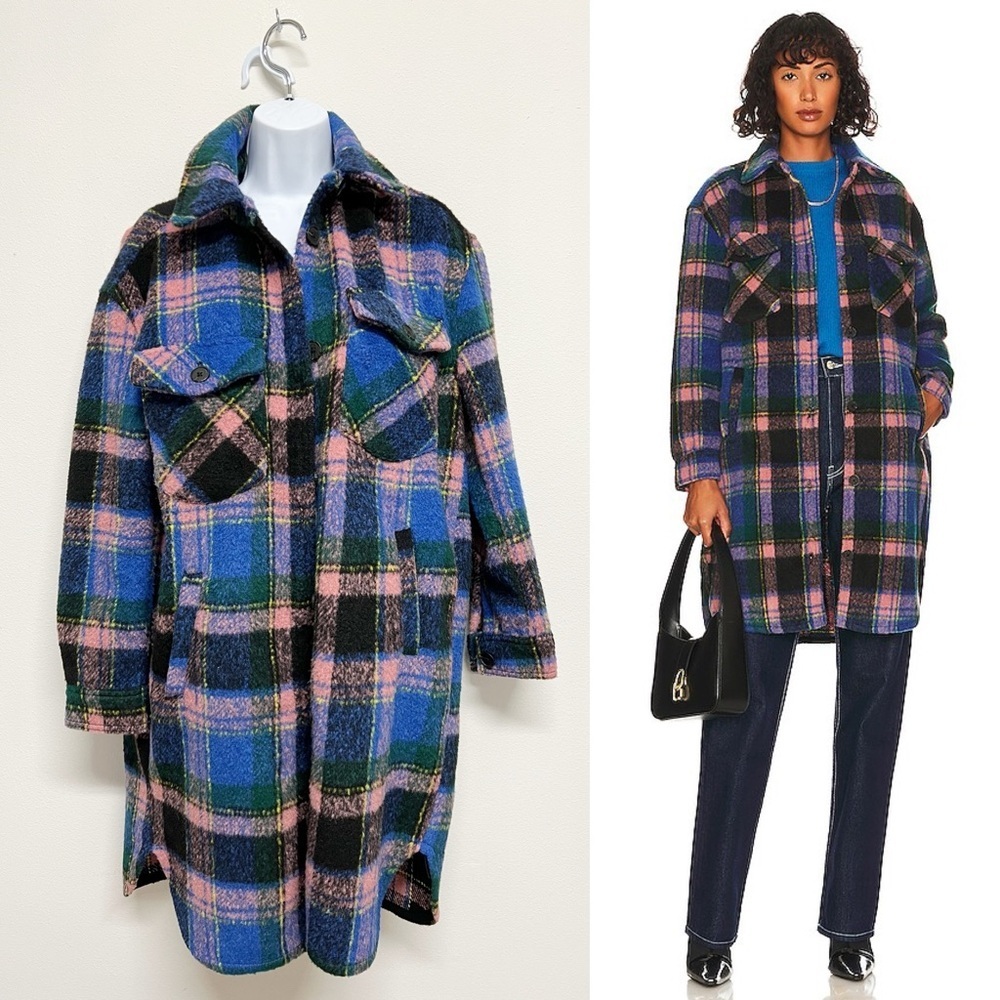 Blank NYC Womens The Comeback Pink Blue Plaid Long Button Up Shacket Size S